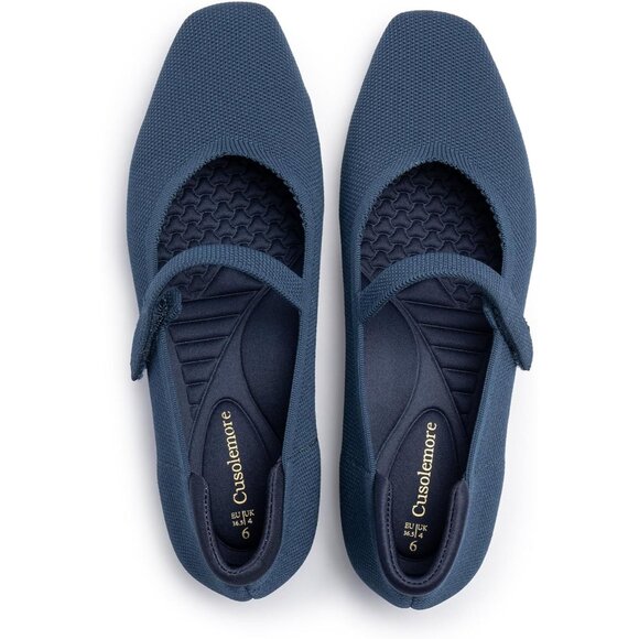 Women Navy BlueKnit Square Toe Arch Support and Concealed Low Wedge Ballet Flats - Picture 1 of 8